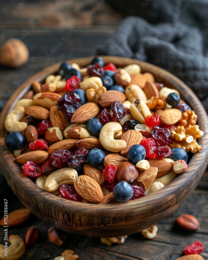 Top view of wooden bowl with nuts and dried fruit mix on dark wood boards. Vegetarian food background with copy space. Healthy eating and natural energy concept. Top view of wooden bowl with nuts and dried fruit mix on dark wood boards. Vegetarian food background with copy space. Healthy eating and natural energy concept.