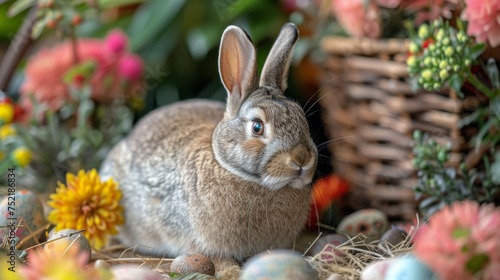 Rabbit Sitting in Field of Flowers