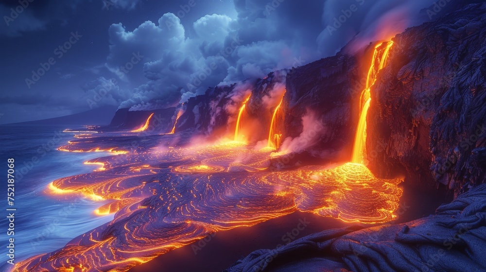 Lava Flows Into Ocean From Cliff