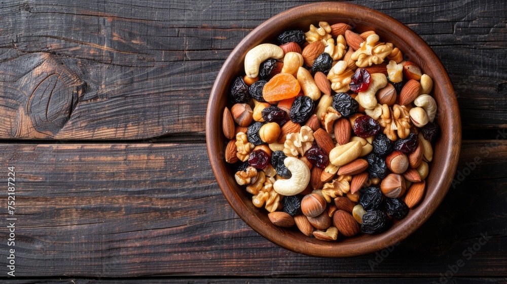 Top view of wooden bowl with nuts and dried fruit mix on dark wood boards. Vegetarian food background with copy space. Healthy eating and natural energy concept. Top view of wooden bowl with nuts and dried fruit mix on dark wood boards. Vegetarian food background with copy space. Healthy eating and natural energy concept.