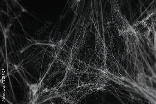 Creepy white cobweb on black background, closeup