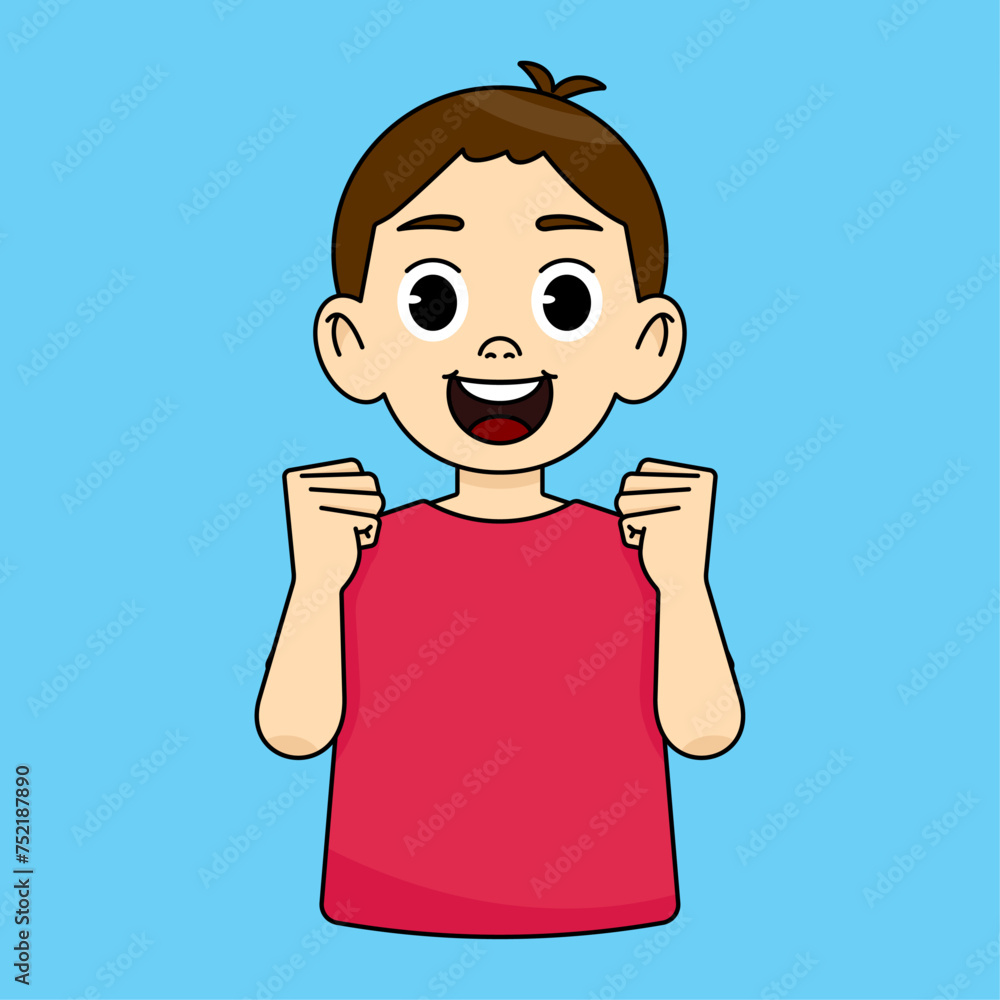 Happy boy celebrating victory, success, clenching his fists
