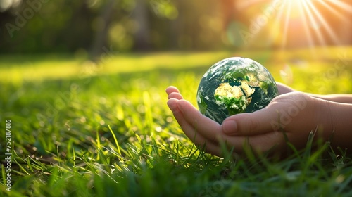Sustainable Future: Hand Holding Earth on Sunlit Green Grass