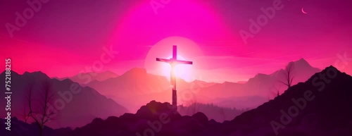 good friday, it is finished text - Jesus Christ Crucified On The Cross and sunset in purple circle layer style vector design 4K Video photo