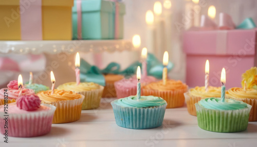 Celebration Cupcakes: Colorful cupcakes with lit candles displayed against a backdrop of wrapped gifts. Captured indoors during a birthday celebration