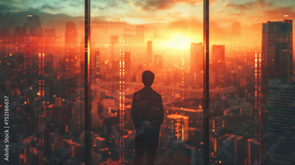 businessman looks out of the window next to large city businessman looks out of the window next to large city