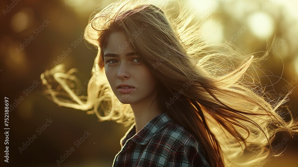 Woman with long flowing hair, dressed in a flannel shirt. Woman with long flowing hair, dressed in a flannel shirt.