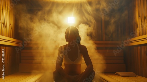 Woman is sitting in the wooden interior of the sauna.