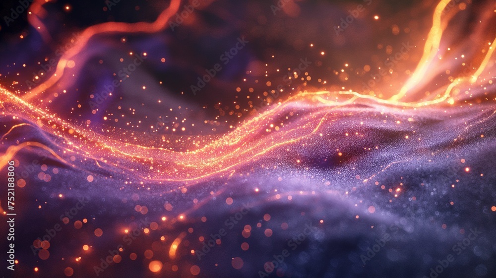 Wave of particles in a futuristic fire background with flying sparks.