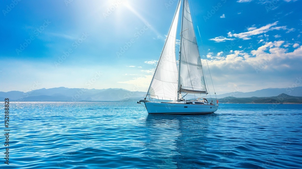 Obraz premium White yacht gracefully sailing on a clear, sunny day.