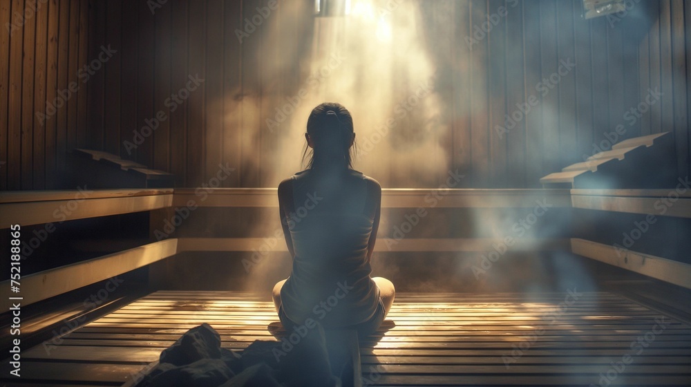 Woman is sitting in the wooden interior of the sauna.