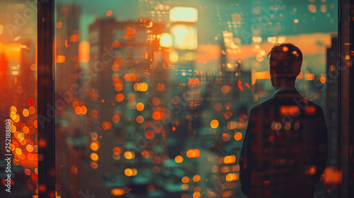 businessman looks out of the window next to large city
