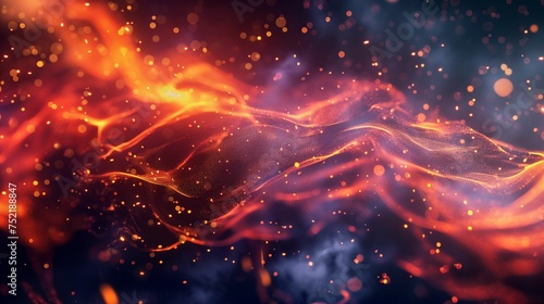 Wave of particles in a futuristic fire background with flying sparks.