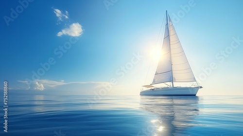 White yacht gracefully sailing on a clear, sunny day. © kept