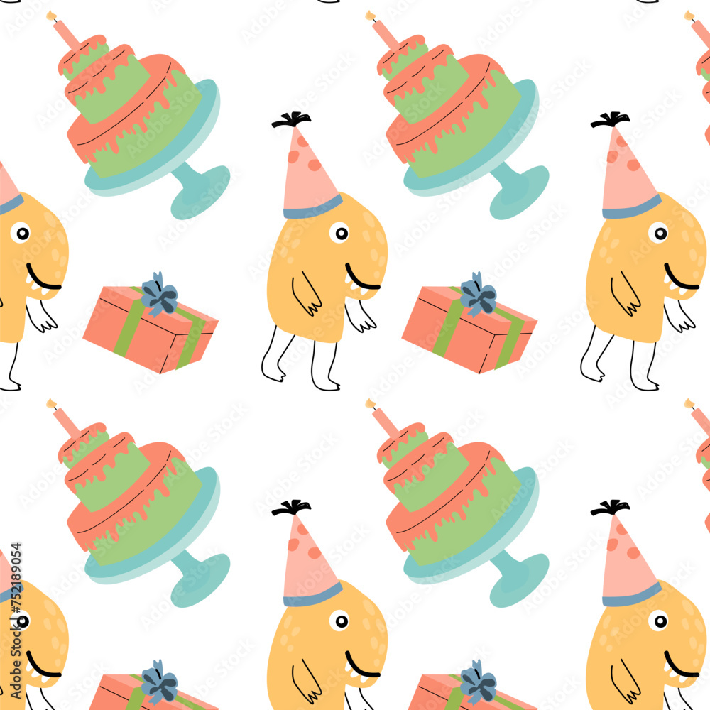 Obraz premium cute monster cake and box seamless pattern