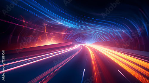 Car lights leave traces in tunnel, concept of speed and movement © xuan