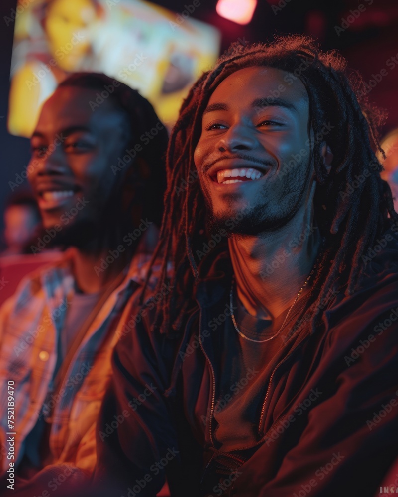 Close-up of cheerful African American young guys watching a movie in cinema theater. Happy smiling friends enjoying movie and having fun. Close-up of cheerful African American young guys watching a movie in cinema theater. Happy smiling friends enjoying movie and having fun.