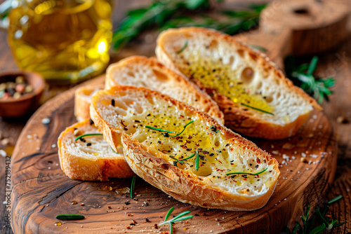 slice of bread seasoned with olive oil on wooden background
