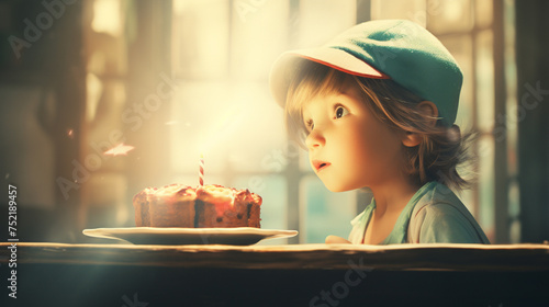 A young child is looking at a cake with a candle on it in birthday party. The child is wearing a blue hat and is standing in front of the cake in retro style.