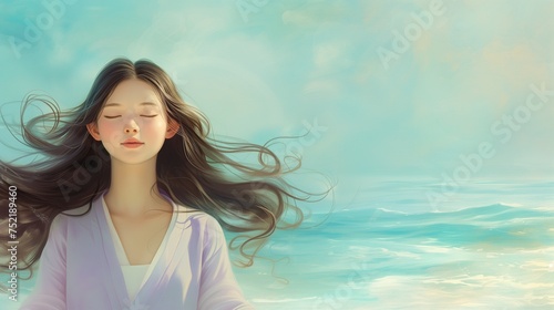 A serene girl with long, flowing brunette hair, meditatively closing her eyes, in a soft lavender yoga outfit, on a tranquil azure sea backdrop.