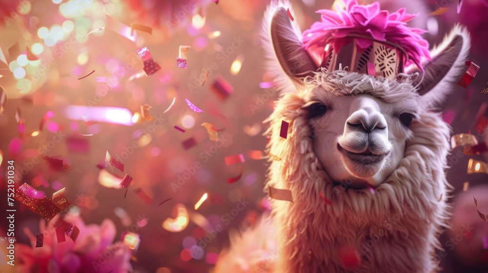 Naklejka premium An adorable llama adorned with pink party decor and confetti, evoking a sense of celebration and delight.