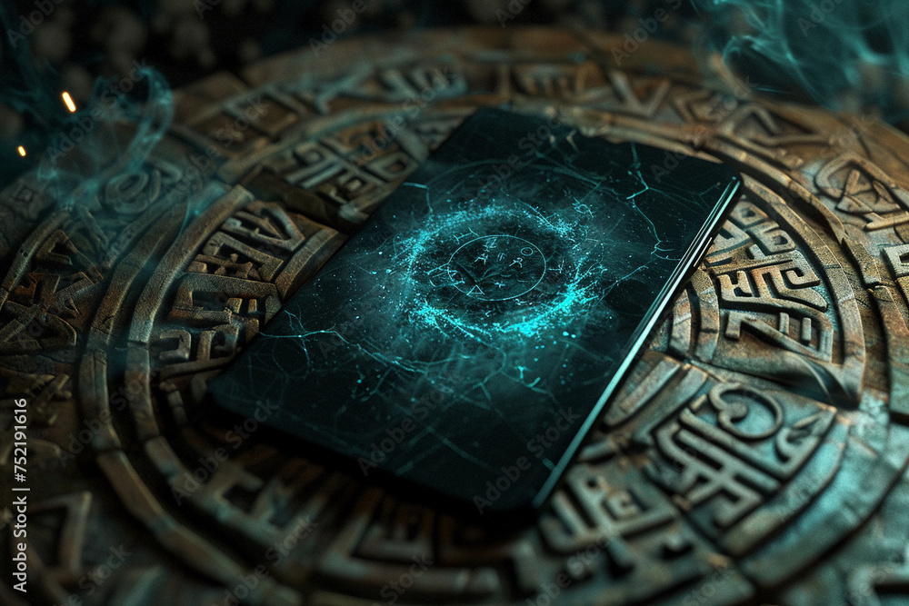 3D render of an anonymous smartphone against a backdrop of ancient runes with a mystical vortex on the screen suggesting magical powers 3D render of an anonymous smartphone against a backdrop of ancient runes with a mystical vortex on the screen suggesting magical powers