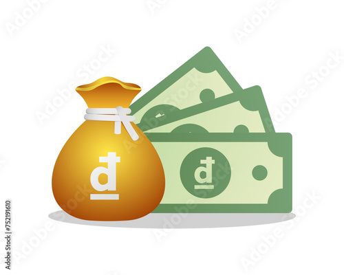 Money bag, banknotes with Vietnamese Dong sign. Flat style vector illustration.