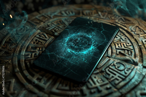 3D render of an anonymous smartphone against a backdrop of ancient runes with a mystical vortex on the screen suggesting magical powers