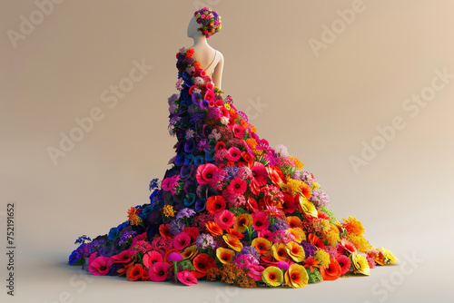 3D render of an elegant gown that transforms into a cascade of vibrant flowers from the waist down set against a minimalist backdrop