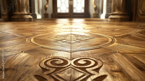 Wooden flooring adorned with intricate and patterned designs.