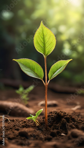 A close-up view of a young plant, its tender stem and leaves growing in the warm, brownish soil, rendered with stunning detail and realism.