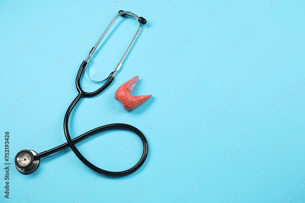 Endocrinology. Stethoscope and model of thyroid gland on light blue background, top view. Space for text Endocrinology. Stethoscope and model of thyroid gland on light blue background, top view. Space for text