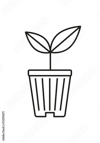 Linear sprout in seedling pot. Botanical plant, sapling. Icon, symbol, sign. Editable stroke. Black and white. Coloring page. 