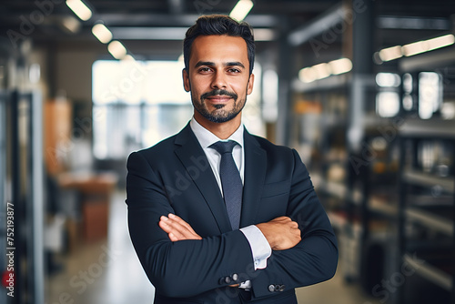 Businessman standing with folded hands in suit at office.