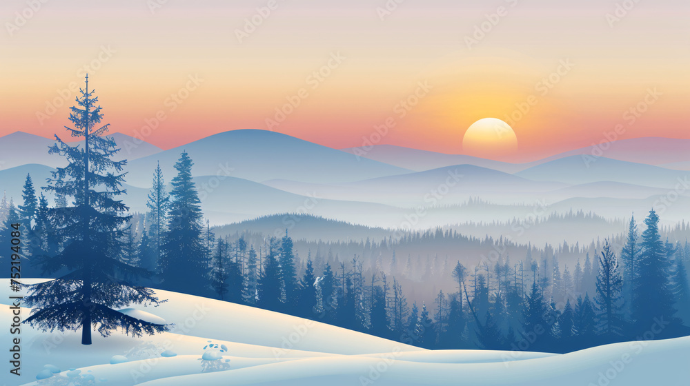 Winter sunset outdoor with distant hills covered by