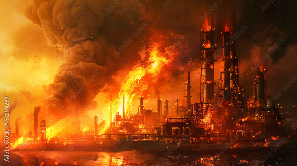 Industrial Pollution and Flaring in Oil Refinery at Dusk. Generative ai