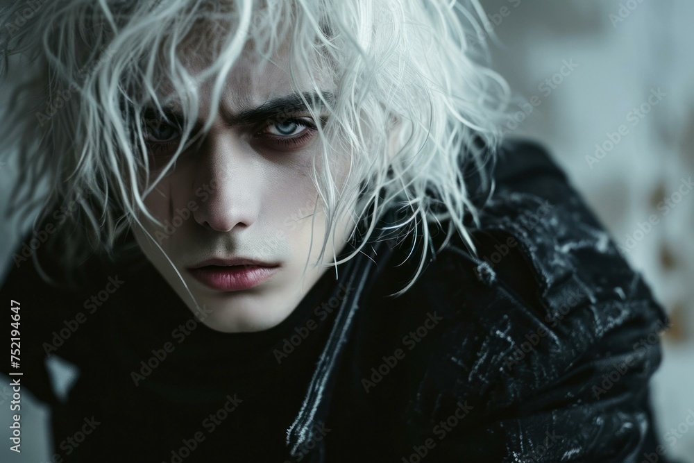 Young Goth man with pale skin and white hair with fierce expression on his face