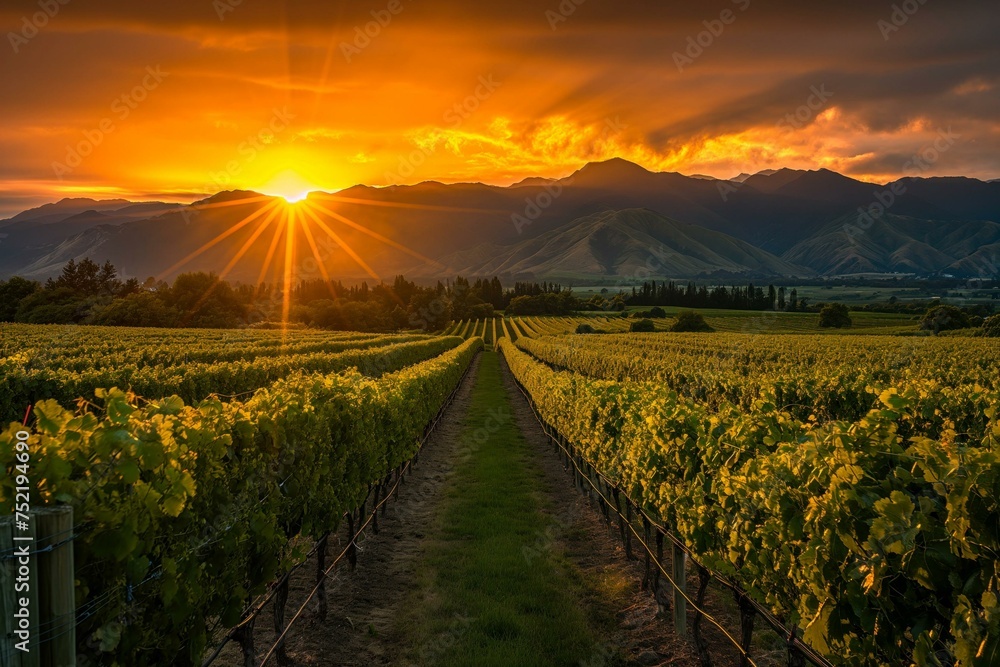 Majestic sunset over vineyard in Marlborough District in New Zealand