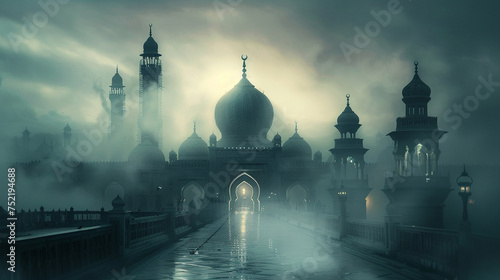 An ethereal mist enveloping a picturesque mosque, creating a mystical atmosphere perfect for Ramadan Kareem greetings. 8K.