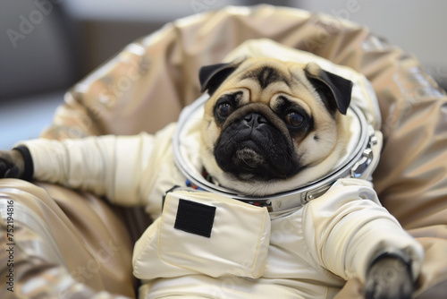 Cute pug in space suit. First trip to space. Dog astronaut in a space suit. Portrait of a dog astronaut.
