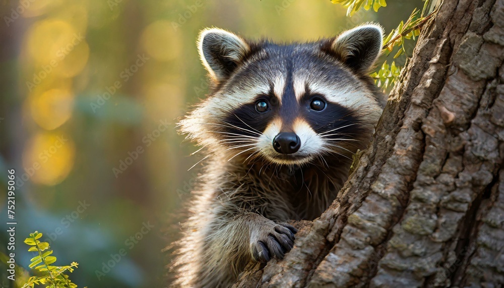 Raccoon in the forest looks at the camera