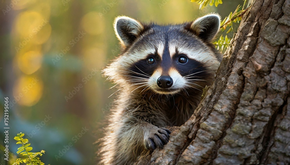 Raccoon in the forest looks at the camera Raccoon in the forest looks at the camera