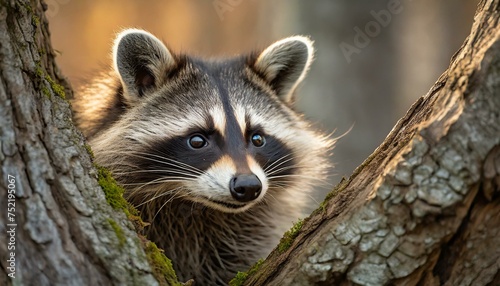 Raccoon in the forest looks at the camera