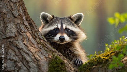 Raccoon in the forest looks at the camera