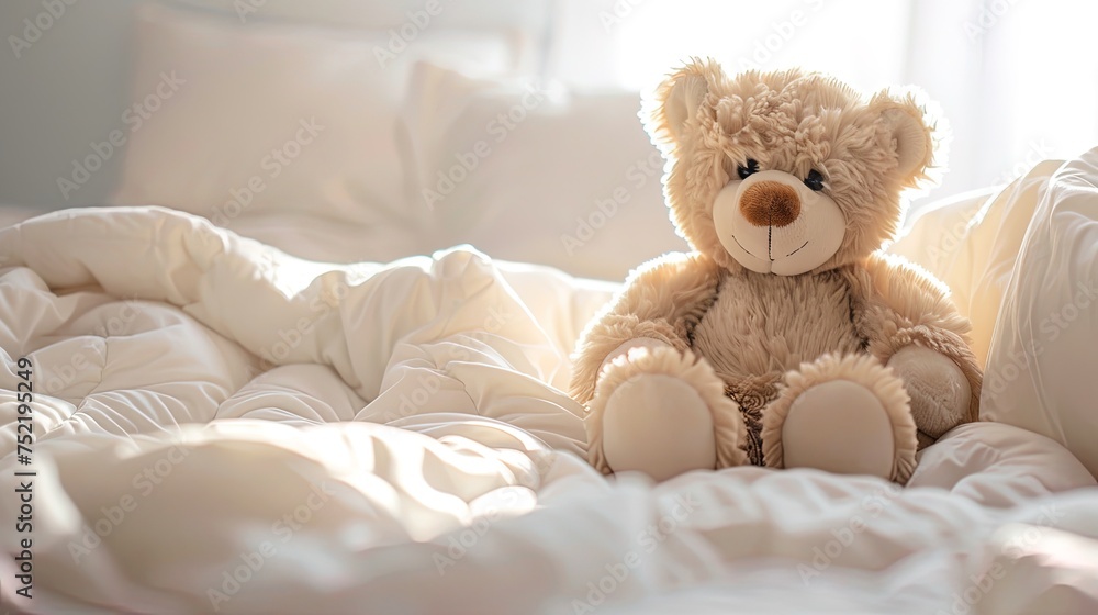 Teddy bear sitting on the bed with white bedding and pillow, ai generative