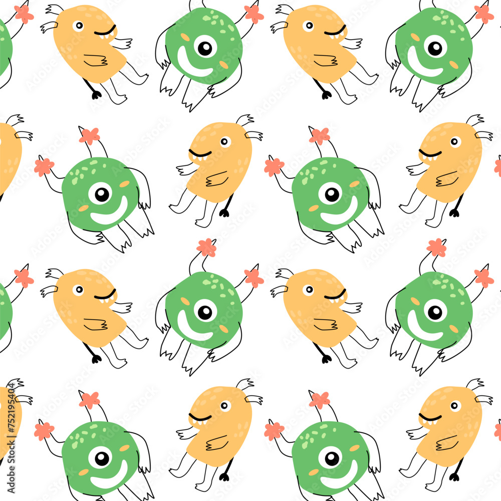 Cute green and yellow monsters seamless pattern with doodle graphic Cute green and yellow monsters seamless pattern with doodle graphic