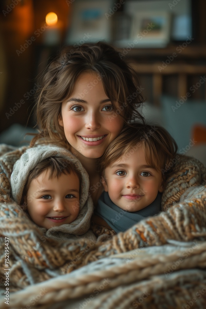 Happy Woman and Children Enjoying Quality Time Together in a Spacious Bed Happy Woman and Children Enjoying Quality Time Together in a Spacious Bed