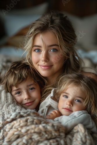 Happy Woman and Children Enjoying Quality Time Together in a Spacious Bed
