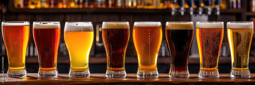 An array of craft beer glasses showcasing a spectrum of ales and lagers on a well-lit bar top. - obrazy, fototapety, plakaty 