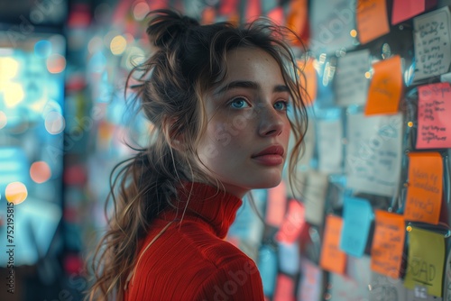Thoughtful Professional in Red Shirt Engages with Wall of Brainstorming Sticky Notes